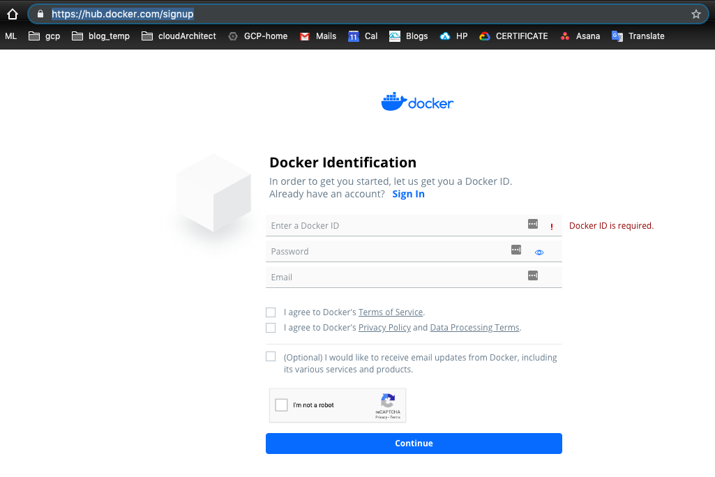 Màn hình đăng ký accout của docker hub