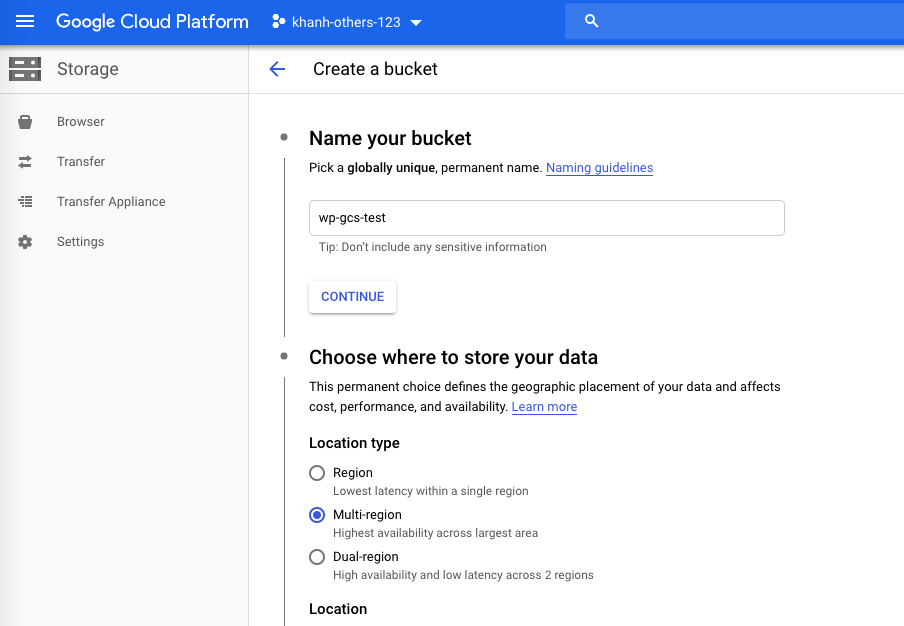 GCP: Create bucket of Google Cloud Storage