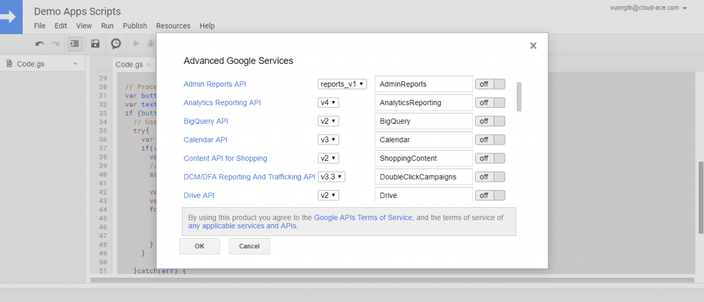 Các dịch vụ trên Google Cloud Platform mà Apps Script có thể truy cập được.