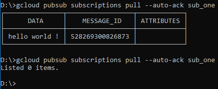 Hình 8:  Kết quả sau khi subscriber 1 pull message từ scription sub_one