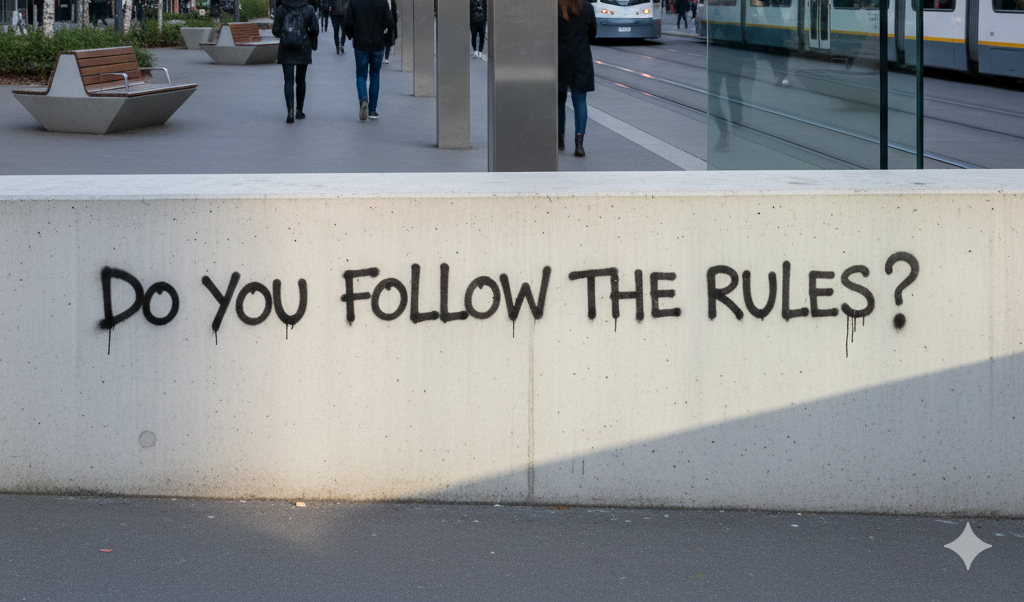 Image of a wall with 'Do you follow the rules' in graffiti