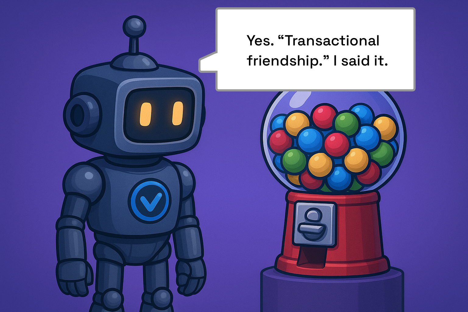 Robot saying something stupid to a gumball machine.