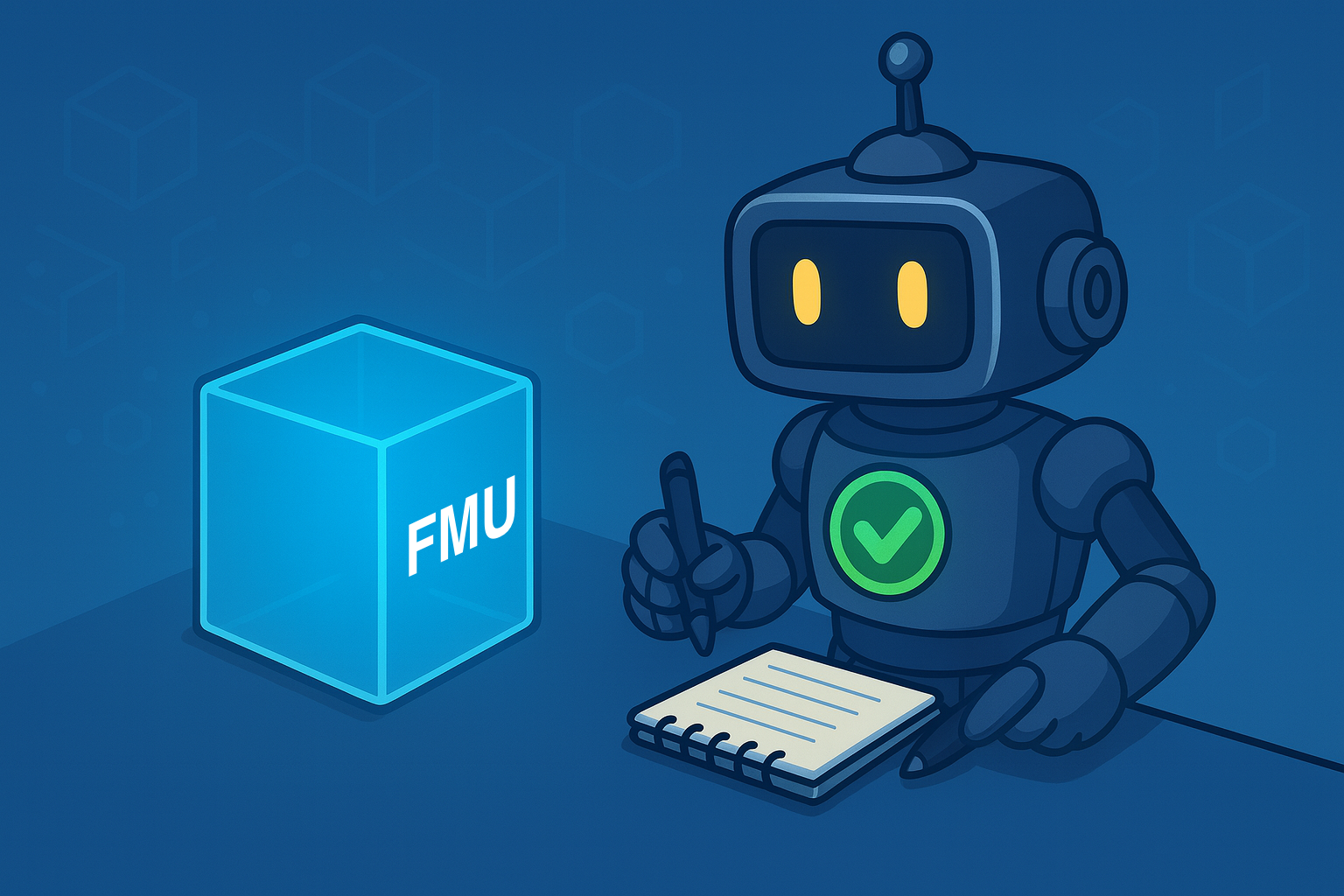 Image of Robot validating a glowing blue box with FMU on it.