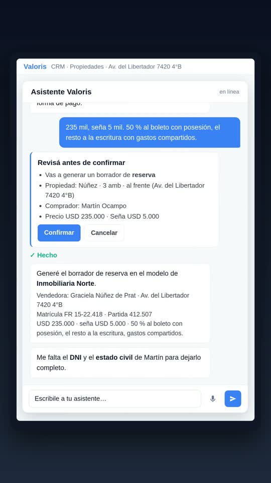 Escena de la película: ¿Puedo armar el borrador de una reserva desde el chat, con el comprador enfrente?