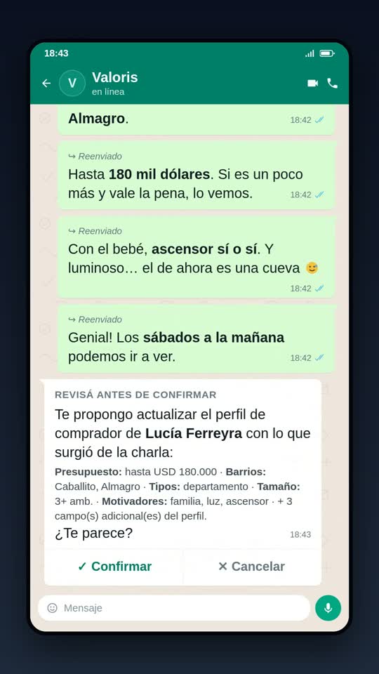 Escena de la película: ¿Puedo reenviarle el chat de WhatsApp de un comprador y que arme el perfil solo?