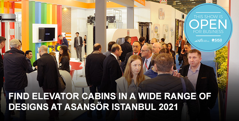 Elevator cabins in a range of designs exhibited at Asansör Istanbul 2021.