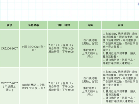 請即報名參加白石燒烤場戶外活動 (夕陽BBQ Chill夜~耶),成為義工 Volunteer for now