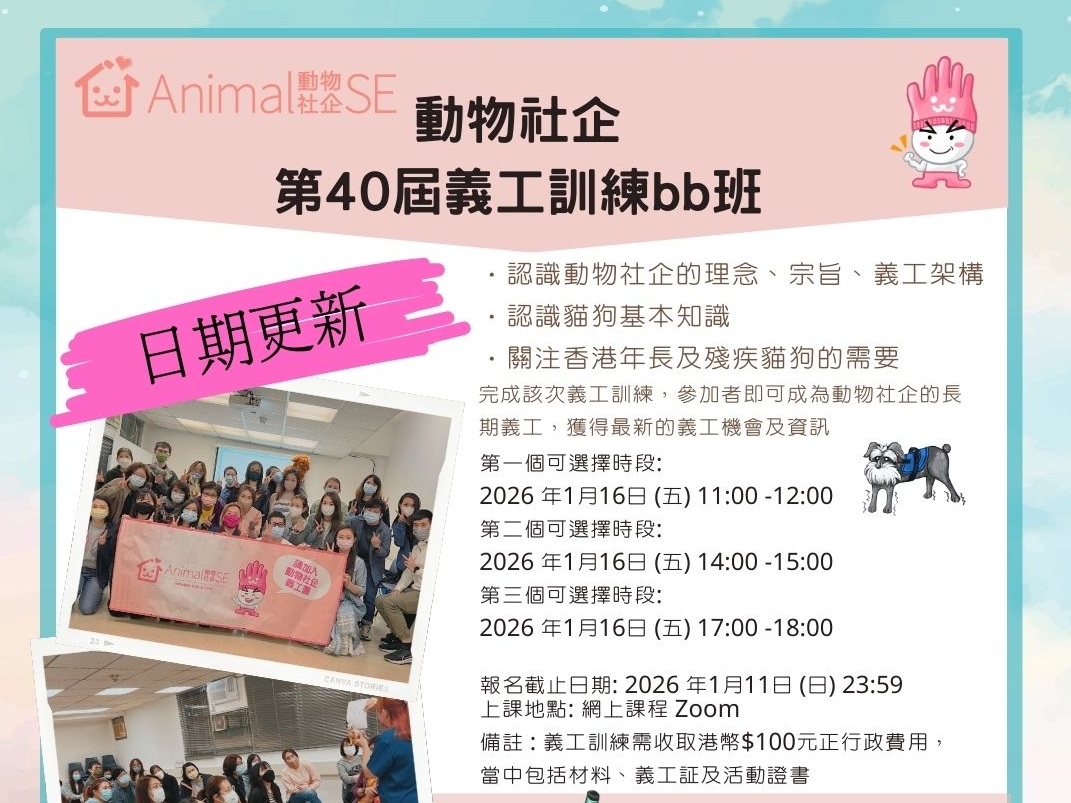 請即報名參加<動物社企>第40屆義工訓練BB班，成為義工 Volunteer for  now