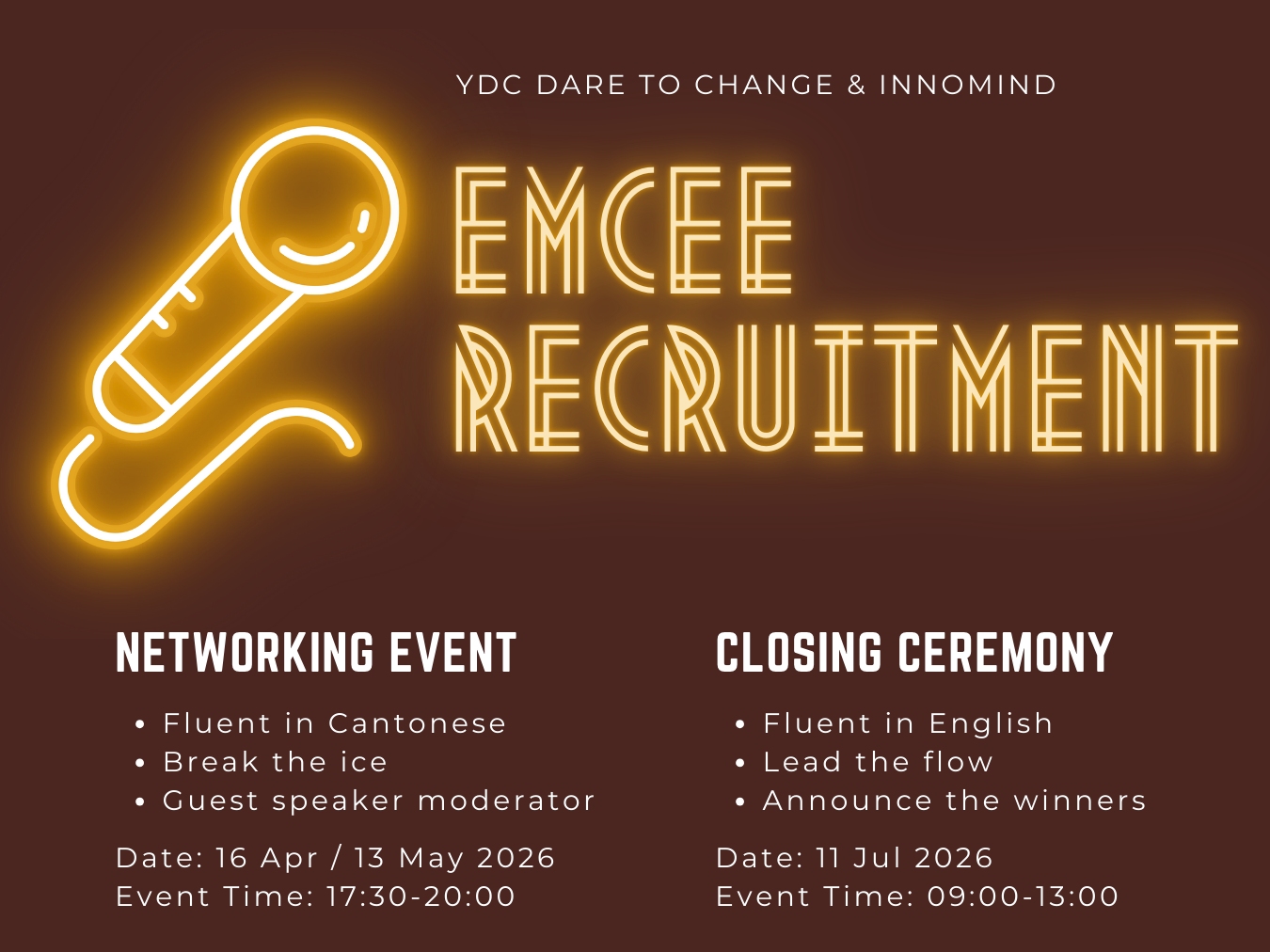 請即報名參加青企局活動主持人 及 頒獎典禮司儀招募，成為義工 Volunteer for YDC Networking Event / Closing Ceremony - Event MC now