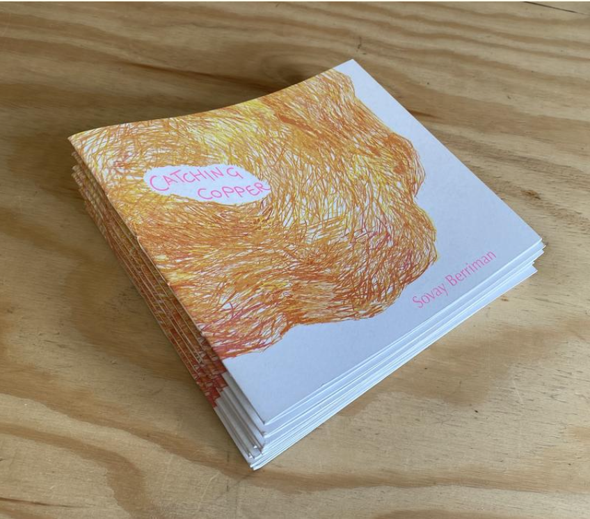 A stack of books with a colourful yellow and orange drawing on the cover and the title 'Catching Copper'.