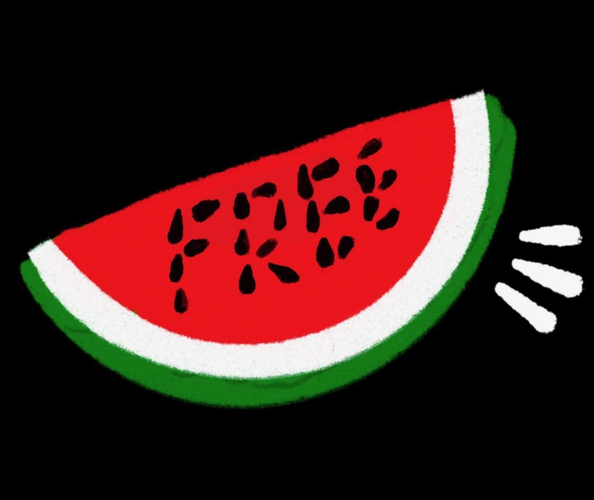 A digital drawing of a watermelon slice on a black background