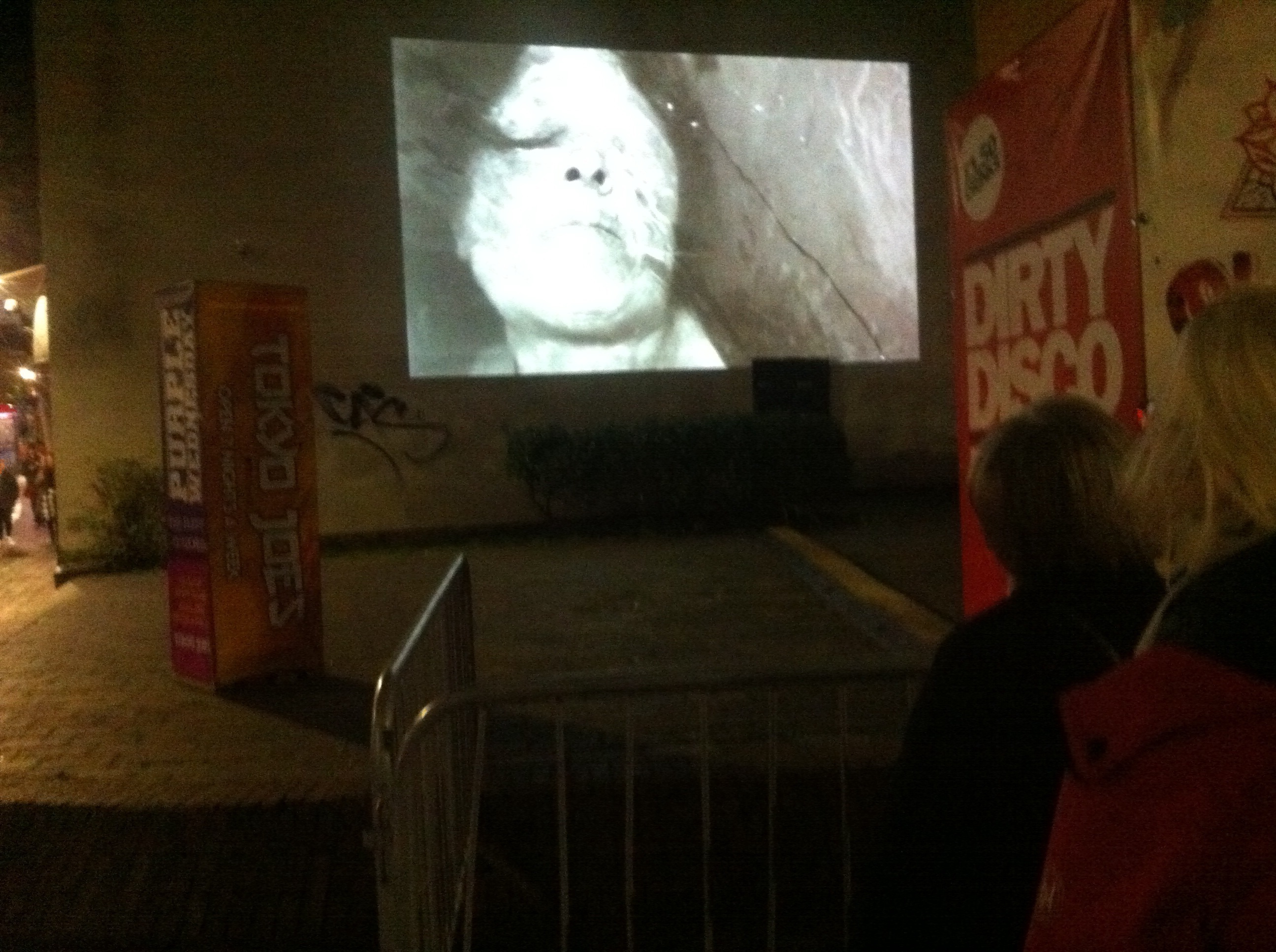 Installation view of a film projection featuring a portrait of a woman's face.