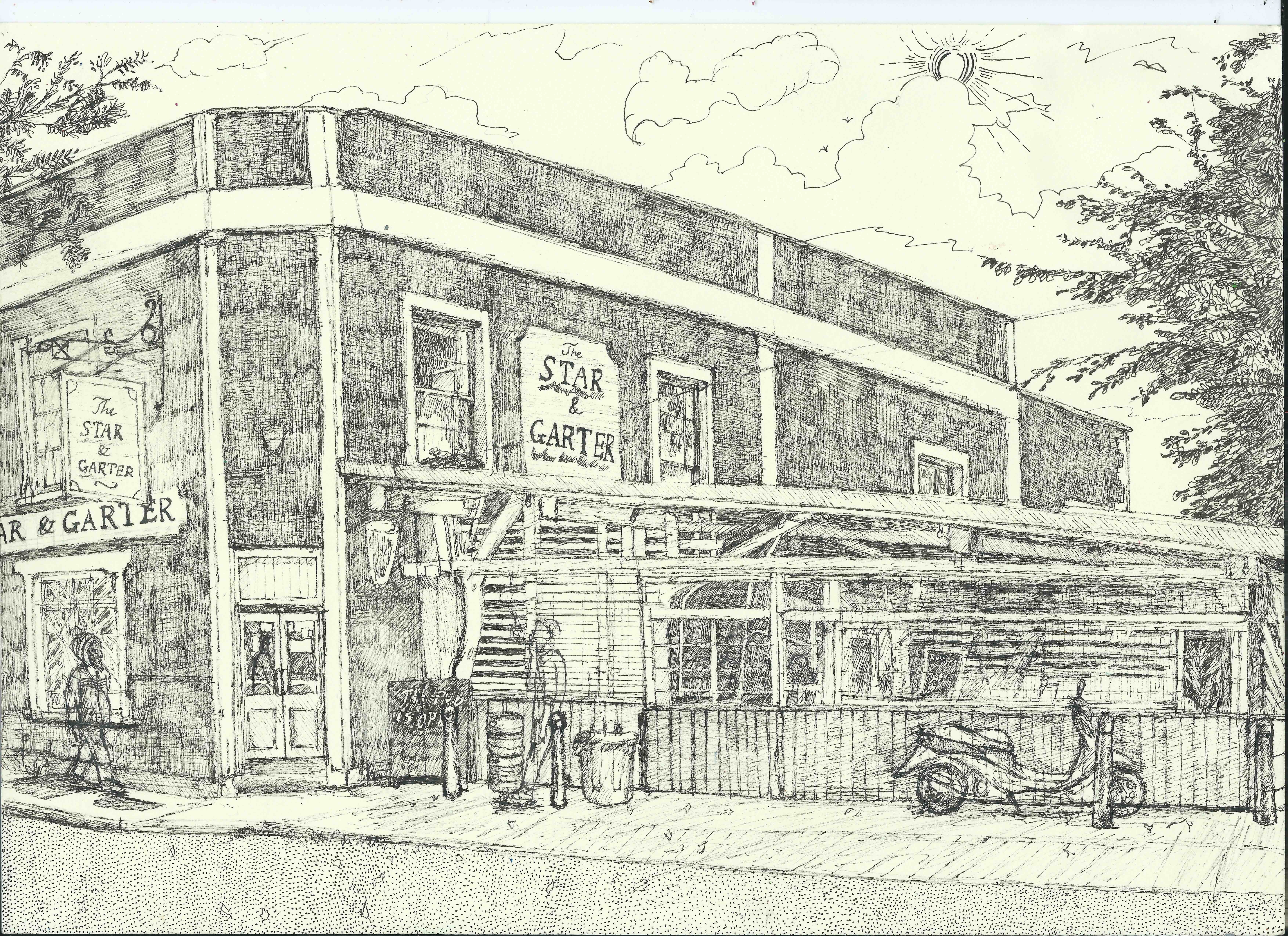 A detailed drawing of a pub in fine black pen. Two people are walking past as the is a moped parked outside. There is a tree to the right of the drawing, it's a sunny day.