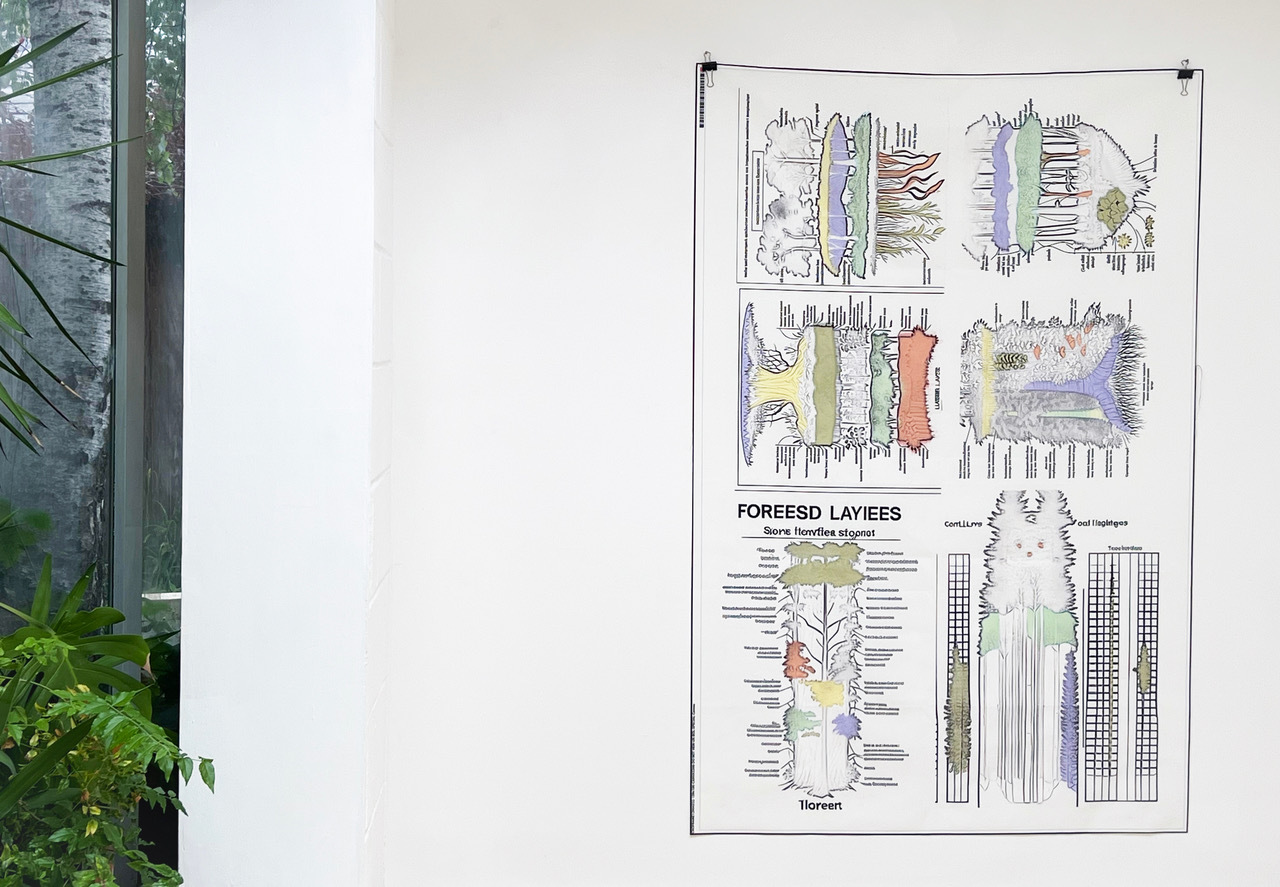 A print hanging on a gallery wall showing colourful diagrams and a text that says Foreesd Layiees