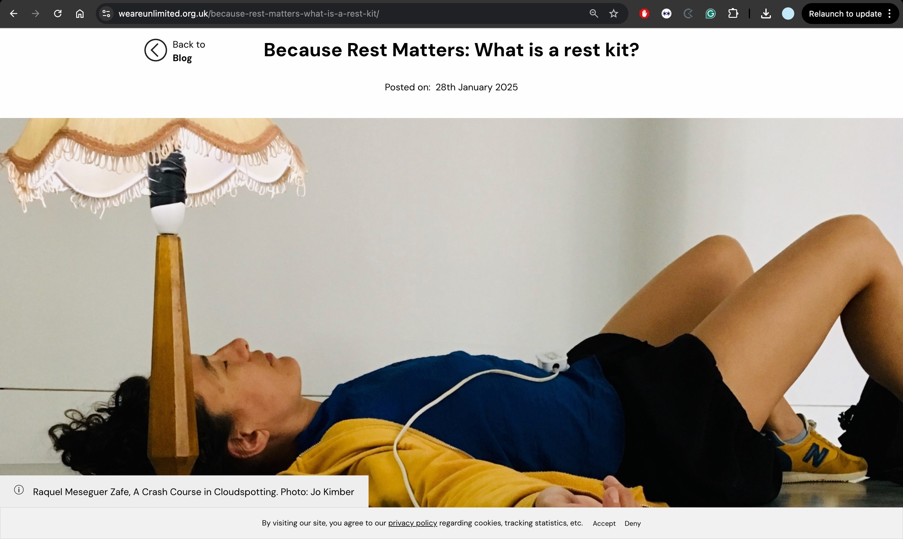 A screenshot of a webpage showing a photograph of a woman lying on her back. The page is titled "Because Rest Matters: What is a rest kit?"