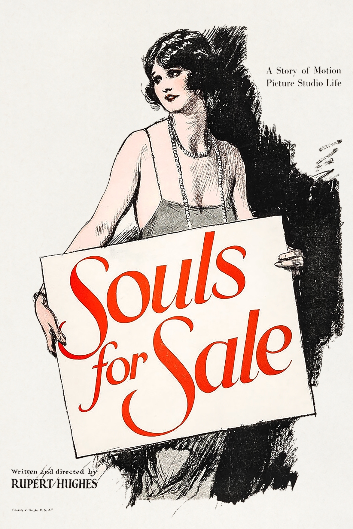 An illustration of a woman in a 1920's flapper dress holding a placard that says ' Souls for Sale'