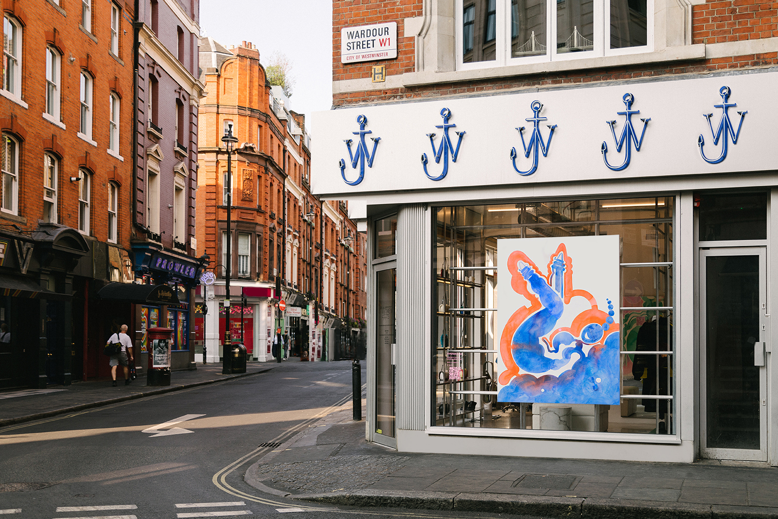 A glass fronted shop on the corner of a London street. There us a painting hanging in the shop window facing out to the street showing an abstract figure reclining.