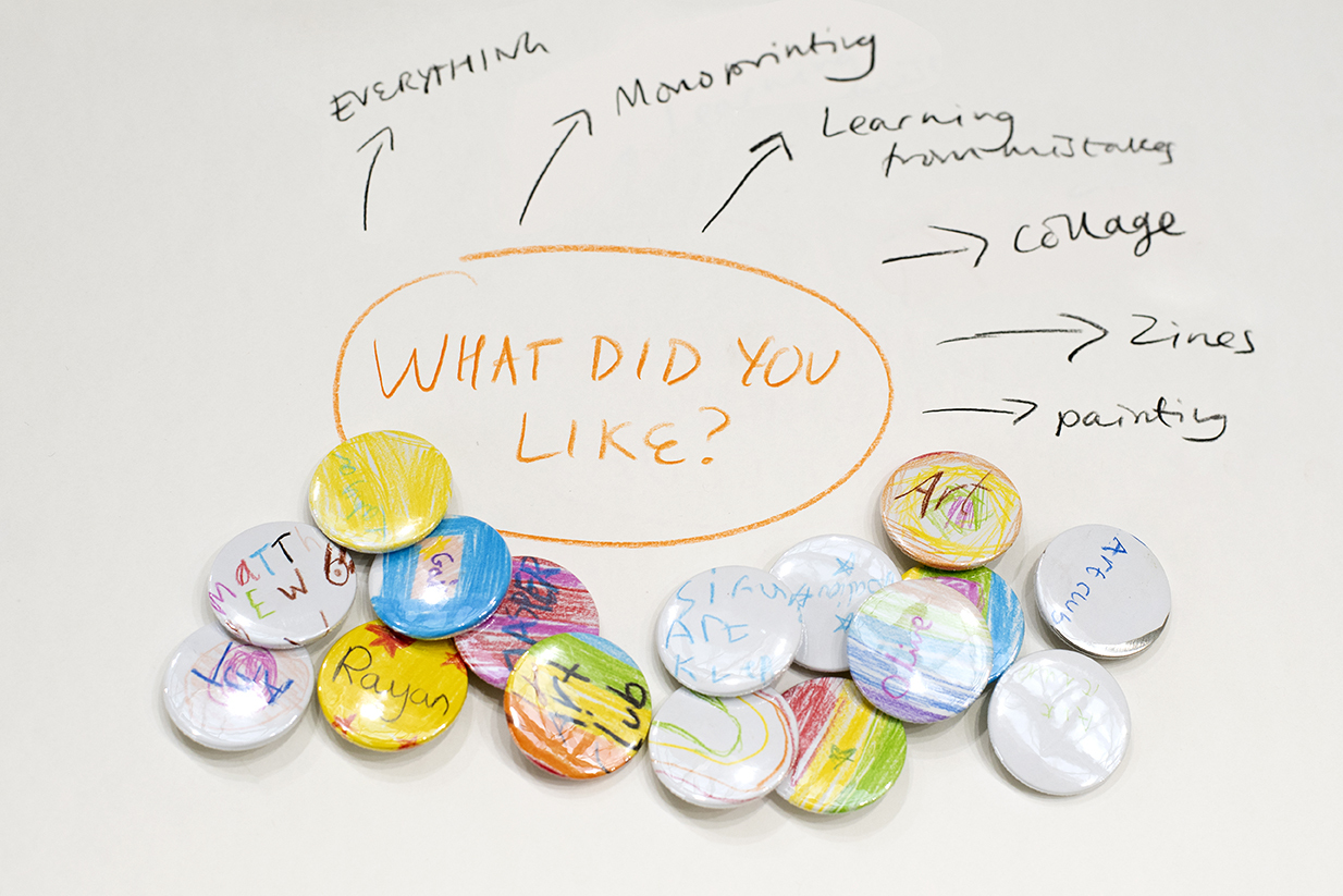 The phrase 'what did you like?' written on a piece of paper, surrounded by colourful badges