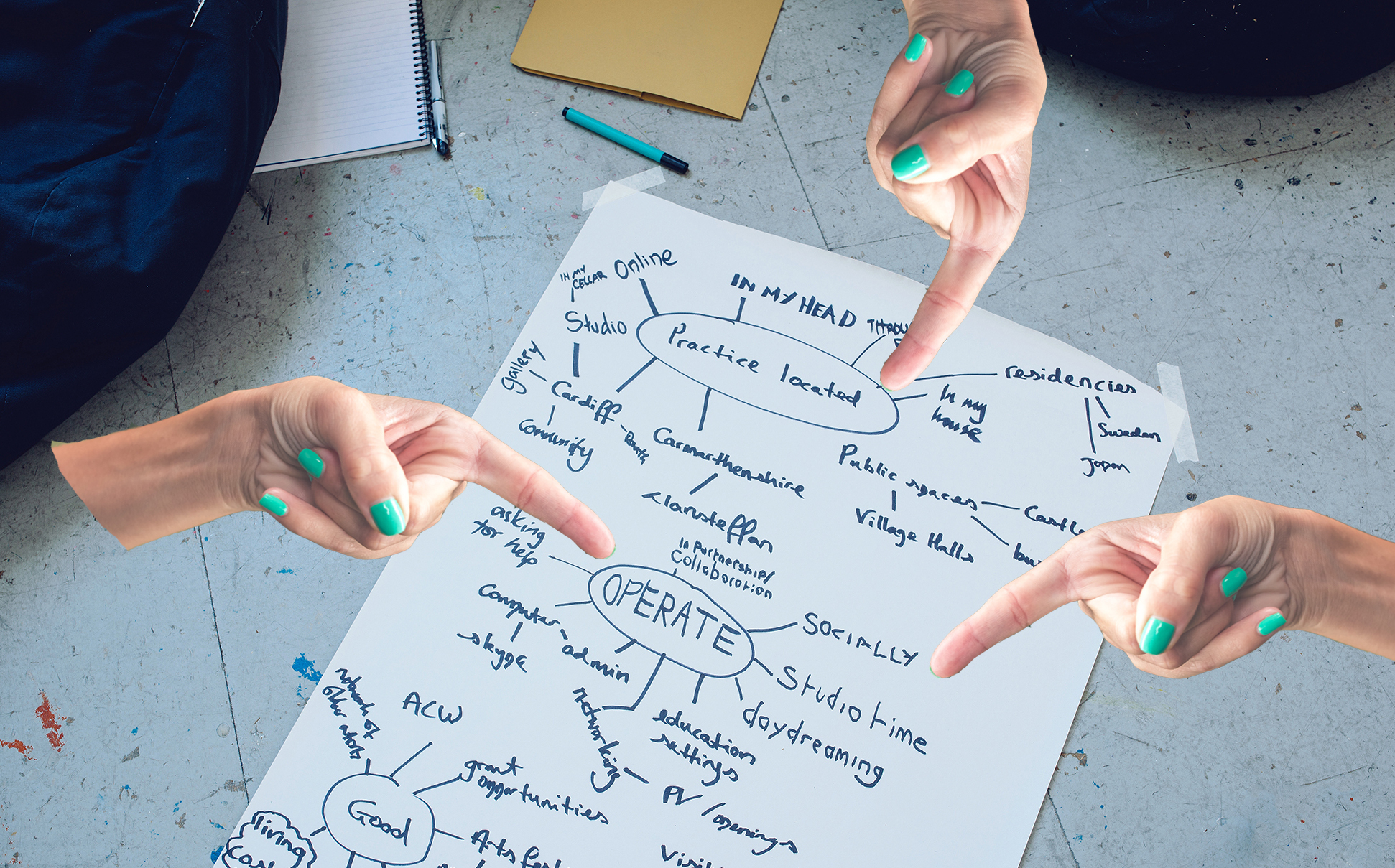 Individuals pointing at a paper displaying a mind map, engaging in collaborative brainstorming.