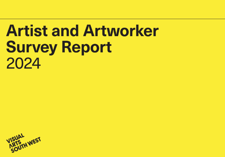 A grahic front cover of a survey report with a yellow background and the text 'Artist and Artworker Survey Report 2024' and a Visual Art South West logo