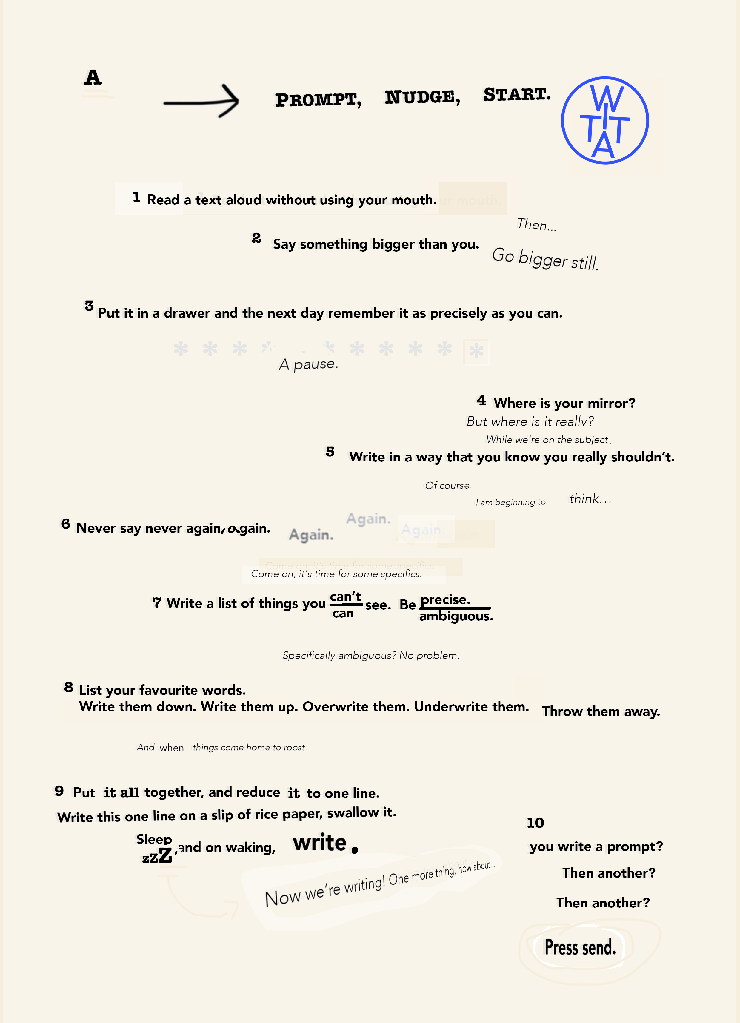 A document with a series of numbered writing prompts