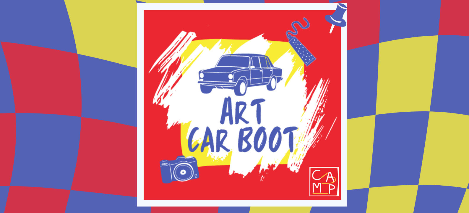 A red, yellow, blue and red graphic depicting a blue car with text that reads 'Art Car Boot' with geometric patterns in the background.