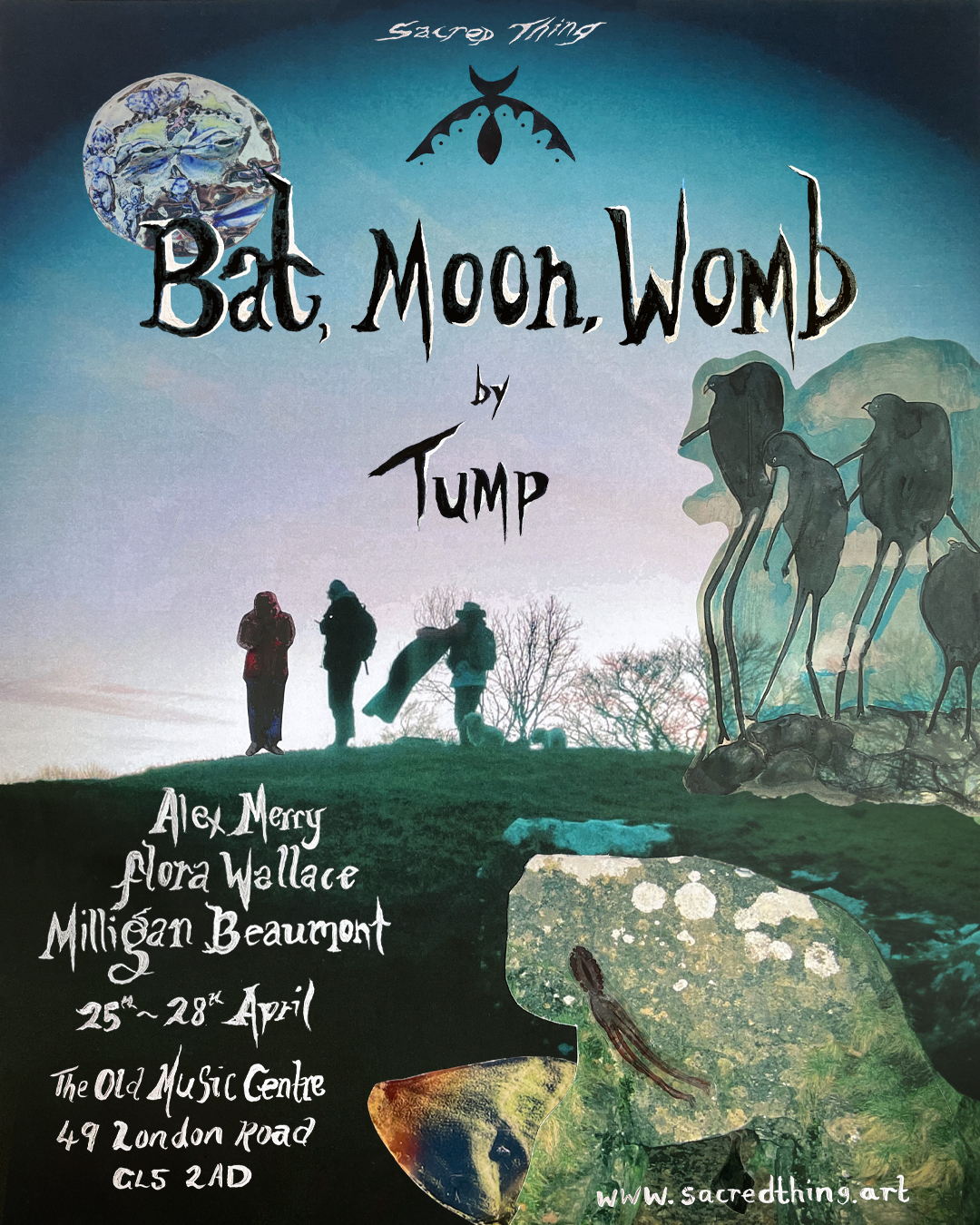 Poster for Bat, Moon, Womb exhibition by artist collective Tump in Stroud