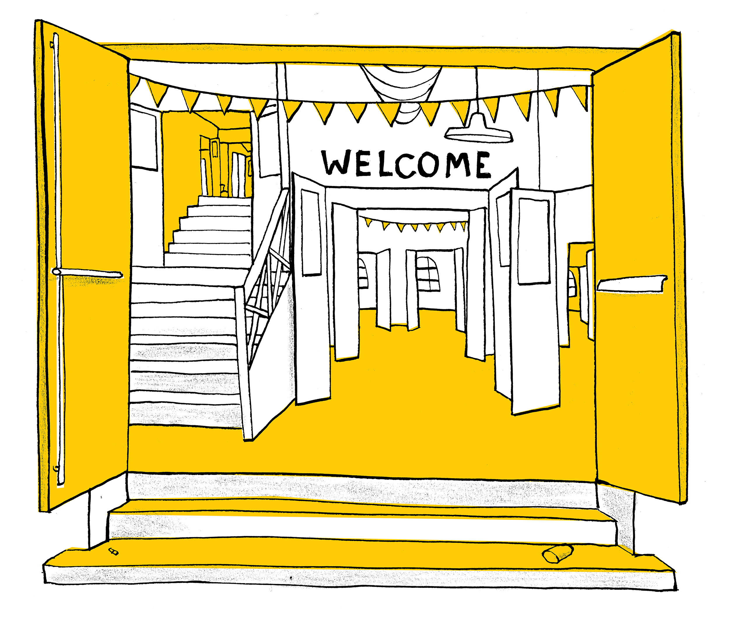 Line drawing in Black and yellow of Centrespace entrance