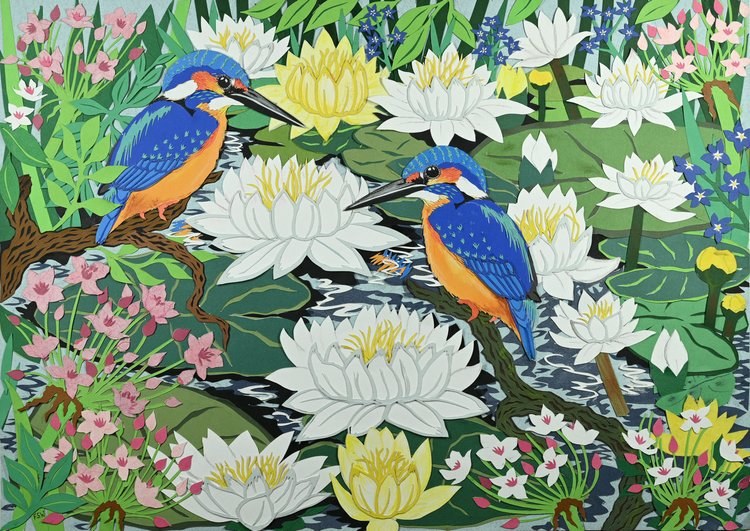 Painting of two kingfishers surrounded by flowers and foliage