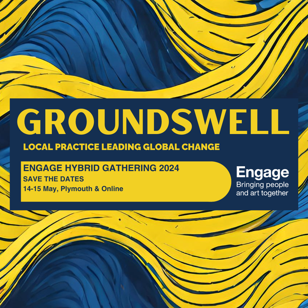 An abstract blue and white image resembling flowing water. Groundswell: Local Practice Leading Global Change