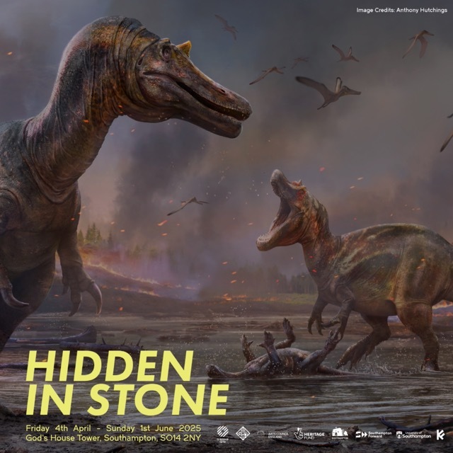 Drawing of a dinosaur with 'Hidden In Stone' as a title