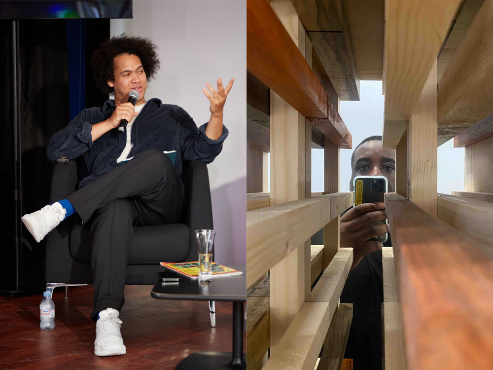 Left: Cédric Fauq sits on a black chair on a stage. He holds a microphone, and is smiling as he speaks. Right: Olu Ogunnaike taking a photograph of himself through the gaps in a wooden structure. There are planks of wood in front of the camera, behin