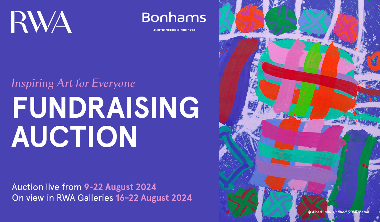 'Fundraising Auction' in white writing on a purple background underneath the RWA and Bonhams logo. A painting by Albert Irvin on the right of the text.