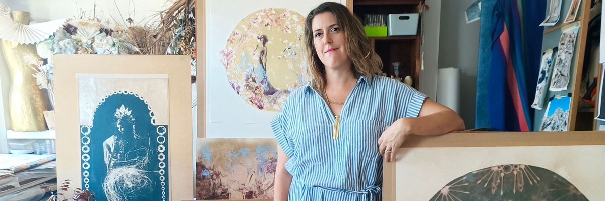 Artist Rosie Emerson in her studio, surrounded by artwork ahead of her solo exhibition in Bristol curated by Smithson Projects