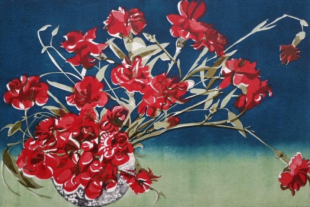 Red flowers on a blue background