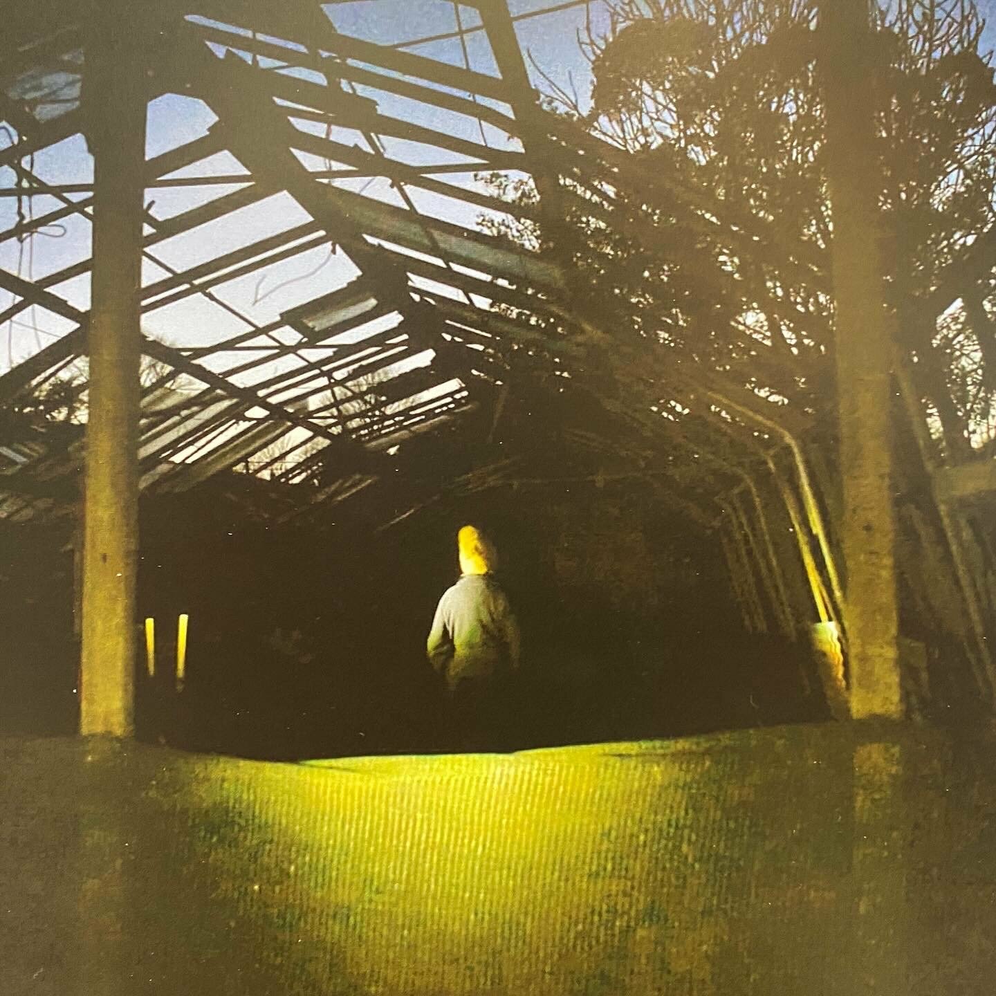 A woman in a bobble hat and coat in an abandoned polytunnel with eerie yellow lighting