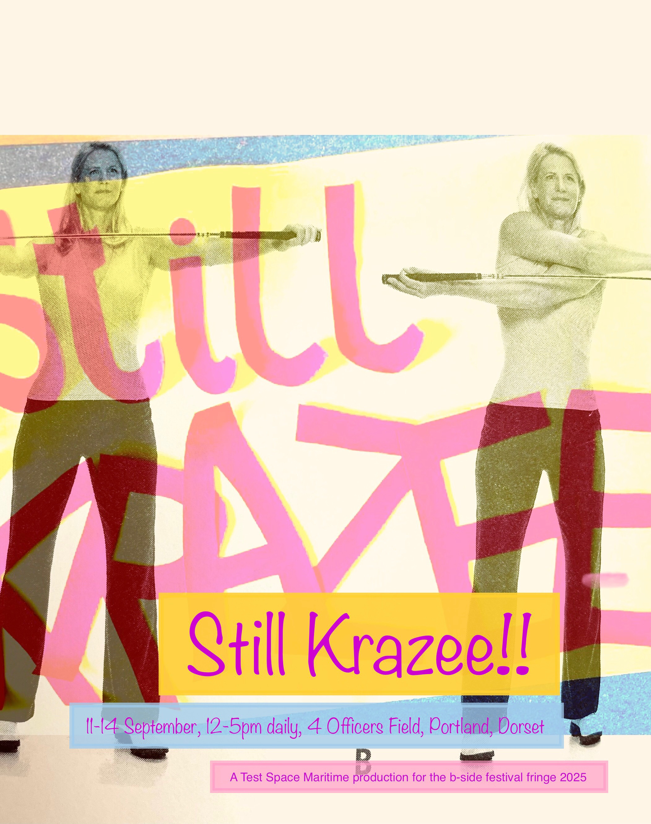 The hand cut words, ‘Still Krazee’ overlay an image of a woman doing golf exercises.