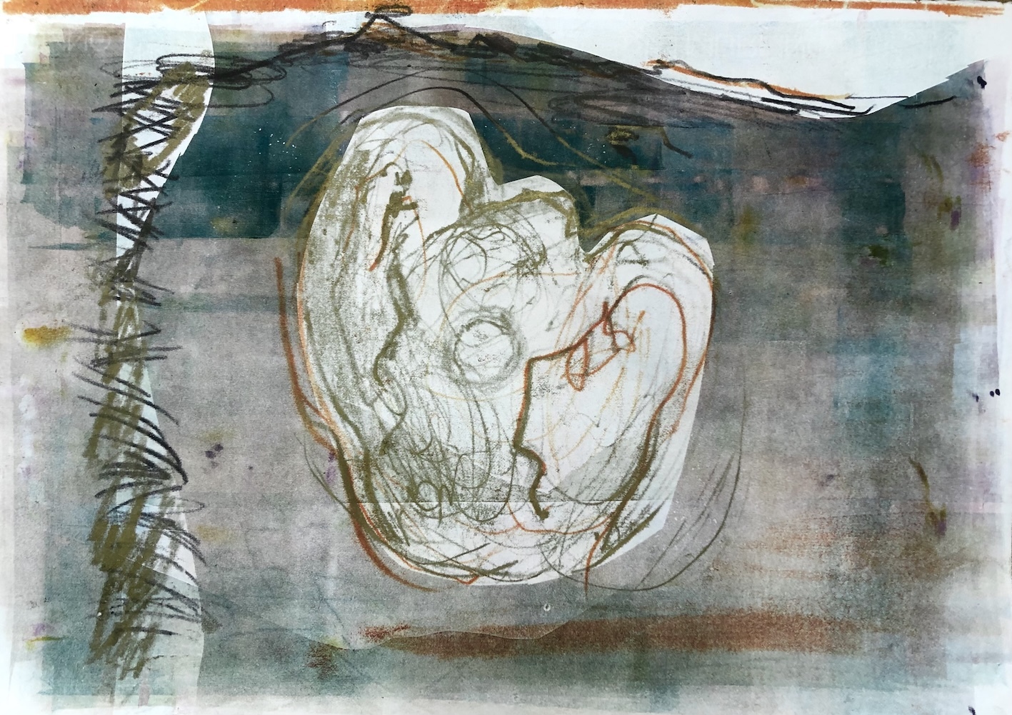 Monoprint of a closed hand shaped stone, with free mark making, a mottled soft toned background. Tor shape in the distance in indigo.