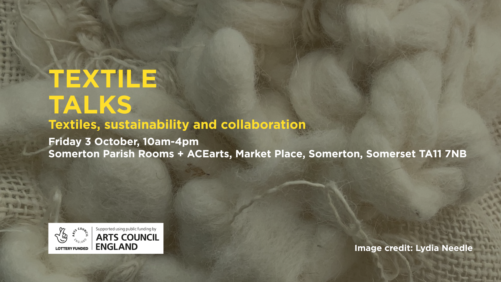 An image of wool roving and linen thread with details of the symposium overlaid.