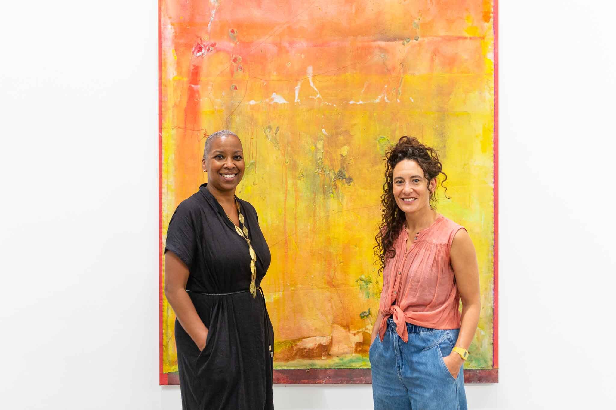 383 Frank Bowling Land of Many Waters Preview Day 2 July 2021 Gallery 3 Gaylene Gould and Raquel Meseguer by Lisa Whiting Photography copyright Arnolfini