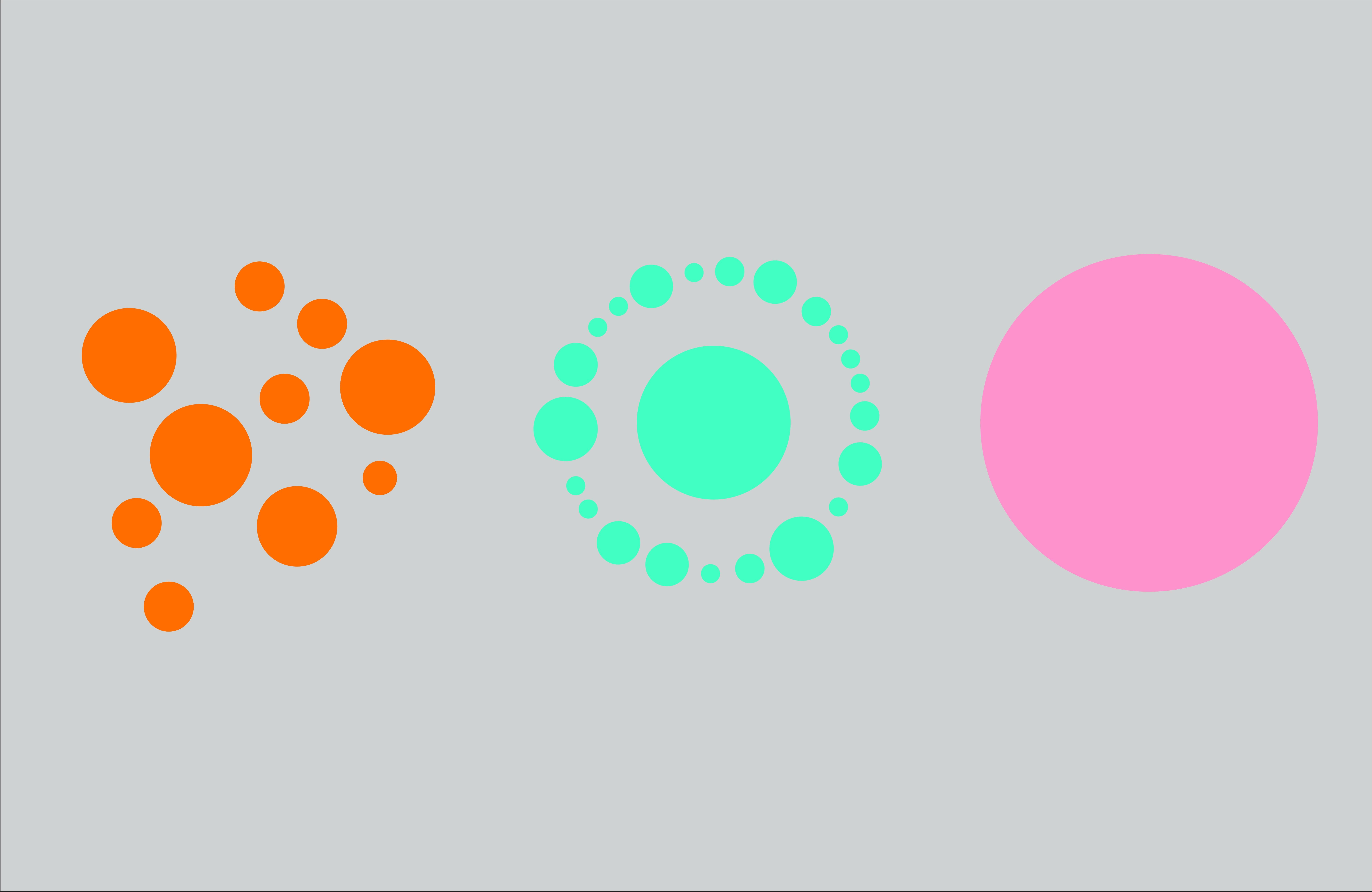 Grey banner with three different sets of coloured circles in pink, orange and green