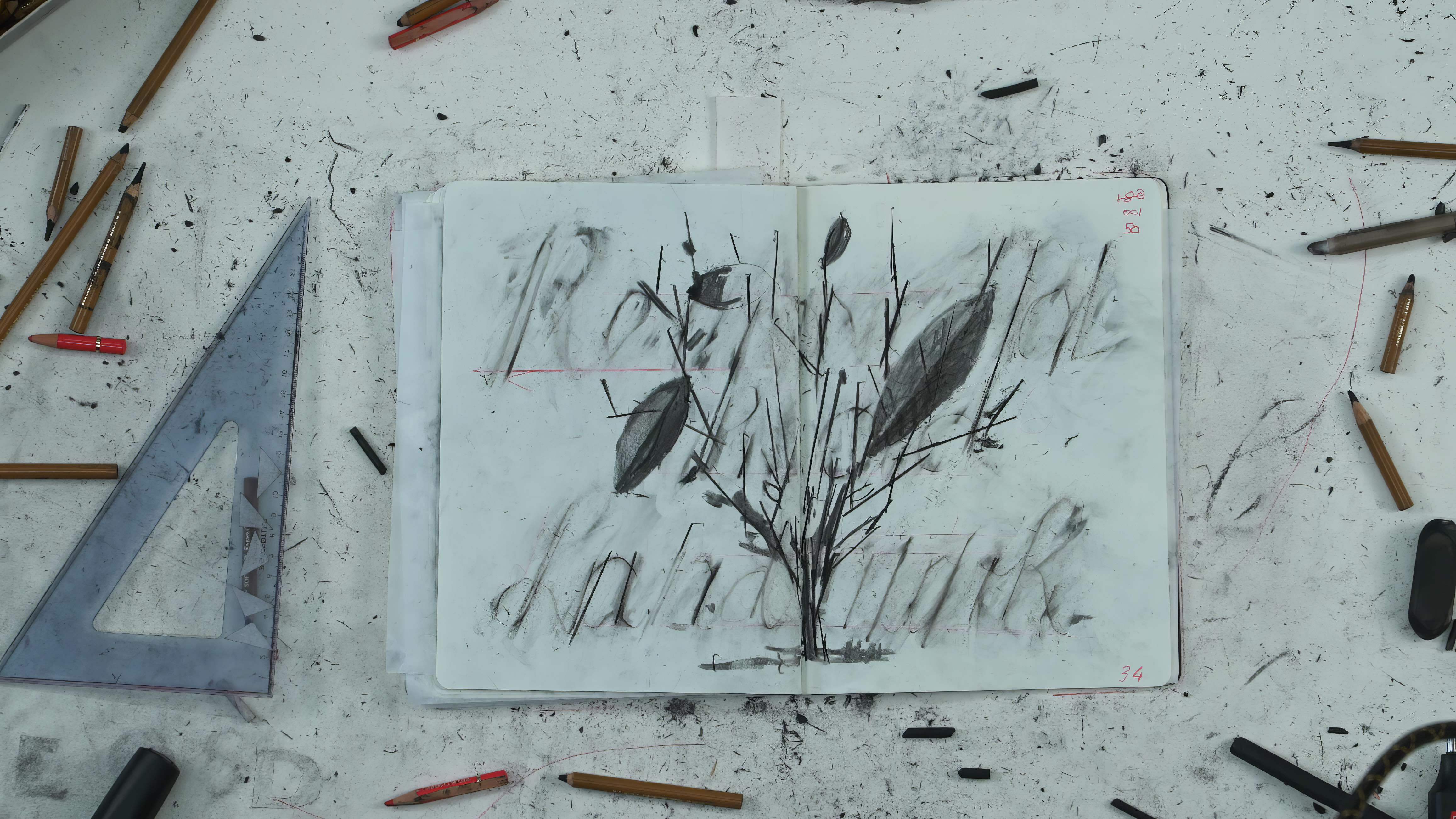 sktechbook laid out on a table top with a charcoal drawing of a plant