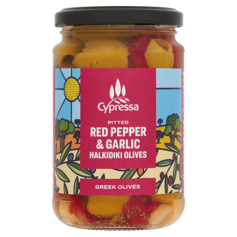 Pitted Halkidiki Olives with Red Pepper & Garlic - Cypressa - 315g
