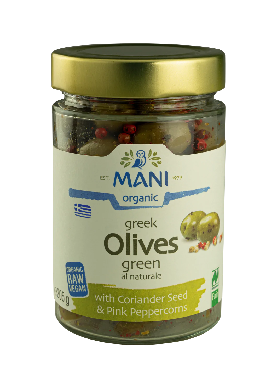 Organic Green Olives with Pink Peppercorns and Coriander Seed - 205g - Mani