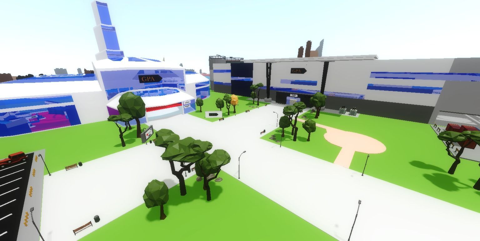 Exemple de showroom virtuel de GPA SAS. Il dispose d'un hall d'accueil où les clients peuvent être accueillis et une usine où l'équipe de vente peut présenter ses gammes de machines et ses webinaires. | vcity.io