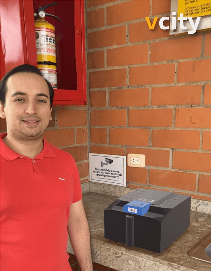Un equipo de laboratorio del showroom de una empresa puesto en un mesón en la vida real gracias al uso de la nueva característica de Realidad Aumentada de Vcity | vcity.io