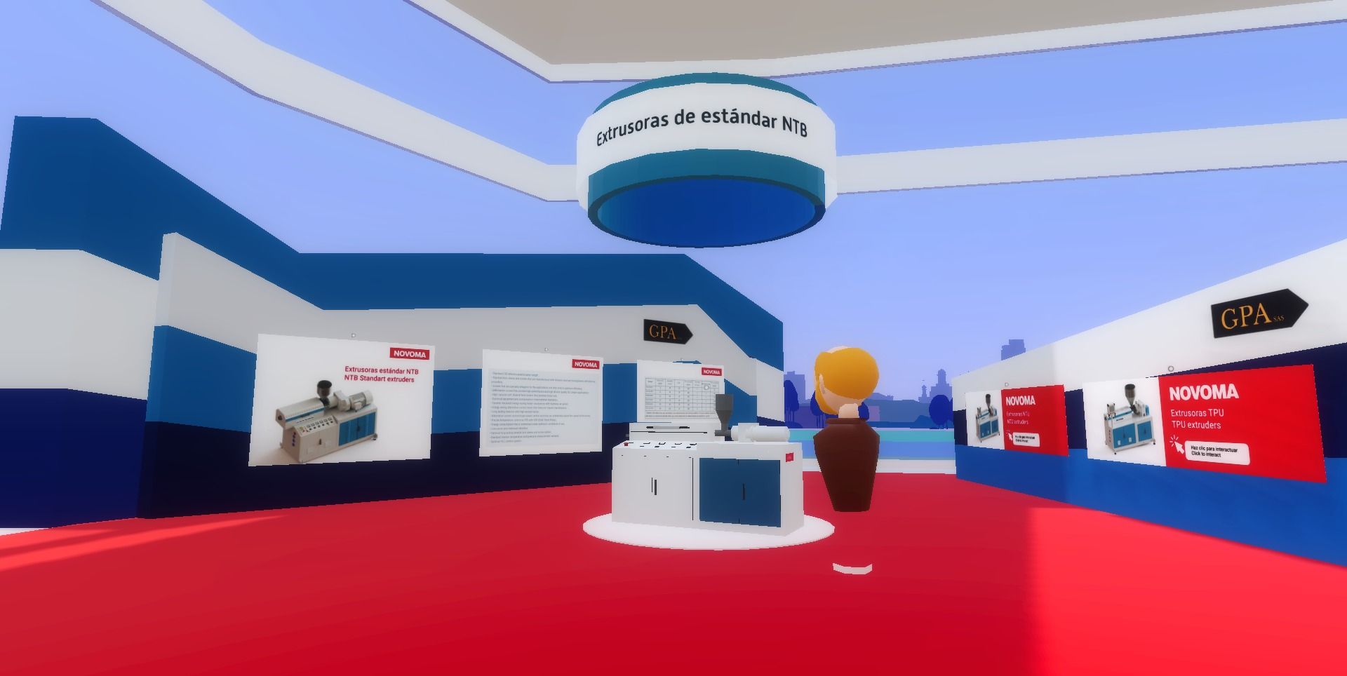Visiteur interagissant avec l'extrudeuse de caoutchouc d'une entreprise exposée dans son showroom virtuel | vcity.io