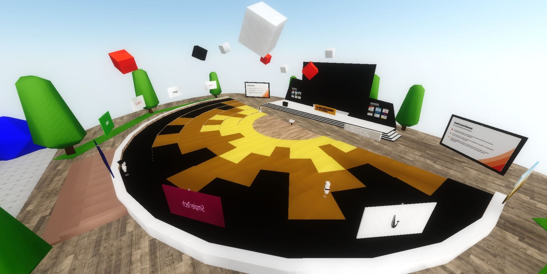 Webinar theater designed for a company where they customized their stage with trees, interactive screens, and used corporate colors on the seating area. | vcity.io