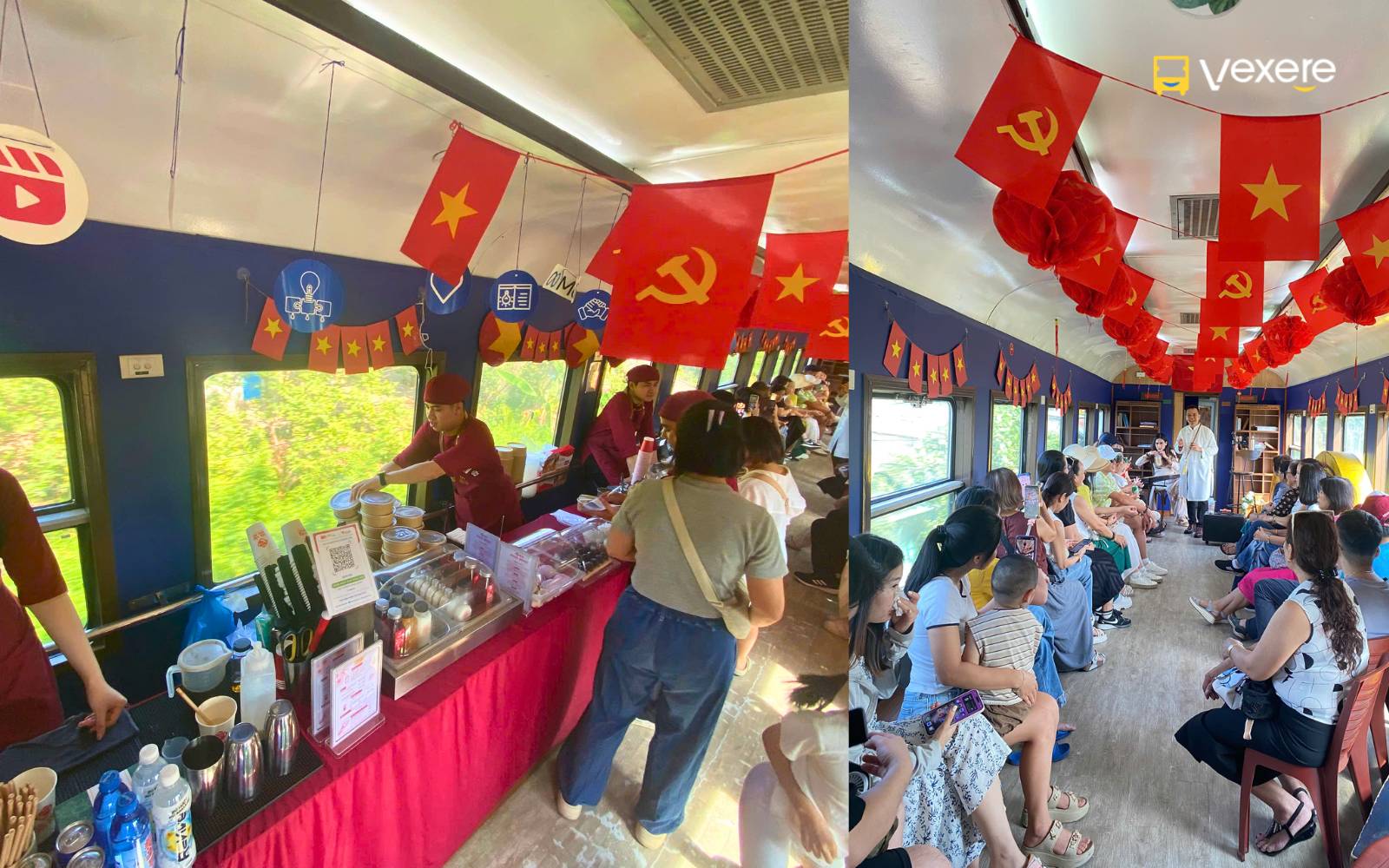 toa sinh hoạt cộng đồng, được bài trí công phu theo phong cách cung đình Huế với gam màu vàng son chủ đạo được đặt ở giữa đoàn tàu. 