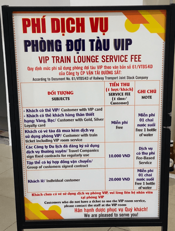 bảng phí dịch vụ phòng đợi tàu VIP tại ga sài gòn